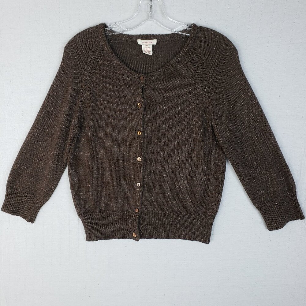 Sundance Silk Angora Cardigan Cropped Brown Metallic size M Boho Resortwear